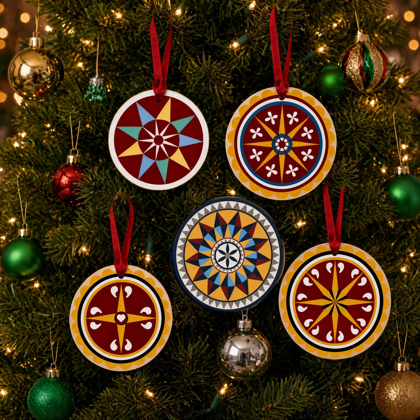 Pennsylvania Dutch/German Barn Star Wood Ornament 5 Pack - Colorful