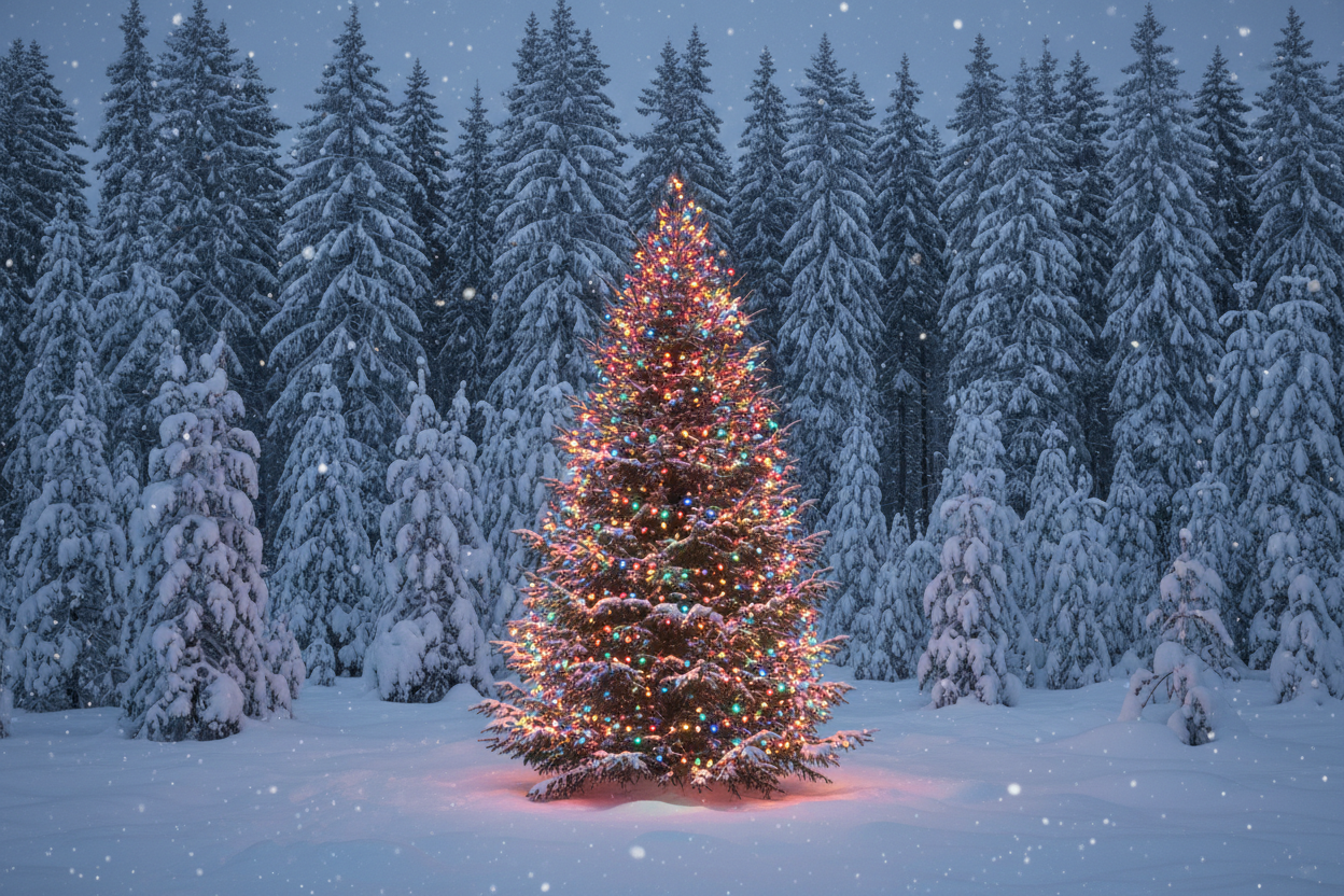 Christmas tree with colorful lights in the middle of a snowy forest