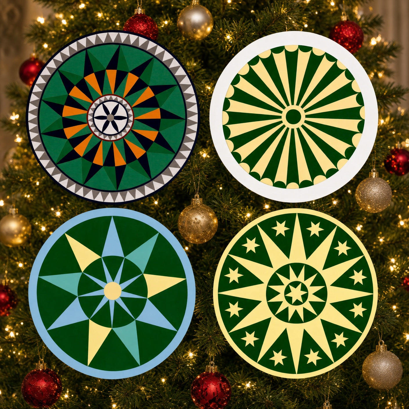 Pennsylvania Dutch/German Barn Star Wood Ornament 4 Pack - Greens