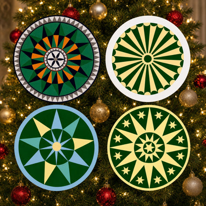 Pennsylvania Dutch/German Barn Star Wood Ornament 4 Pack - Greens